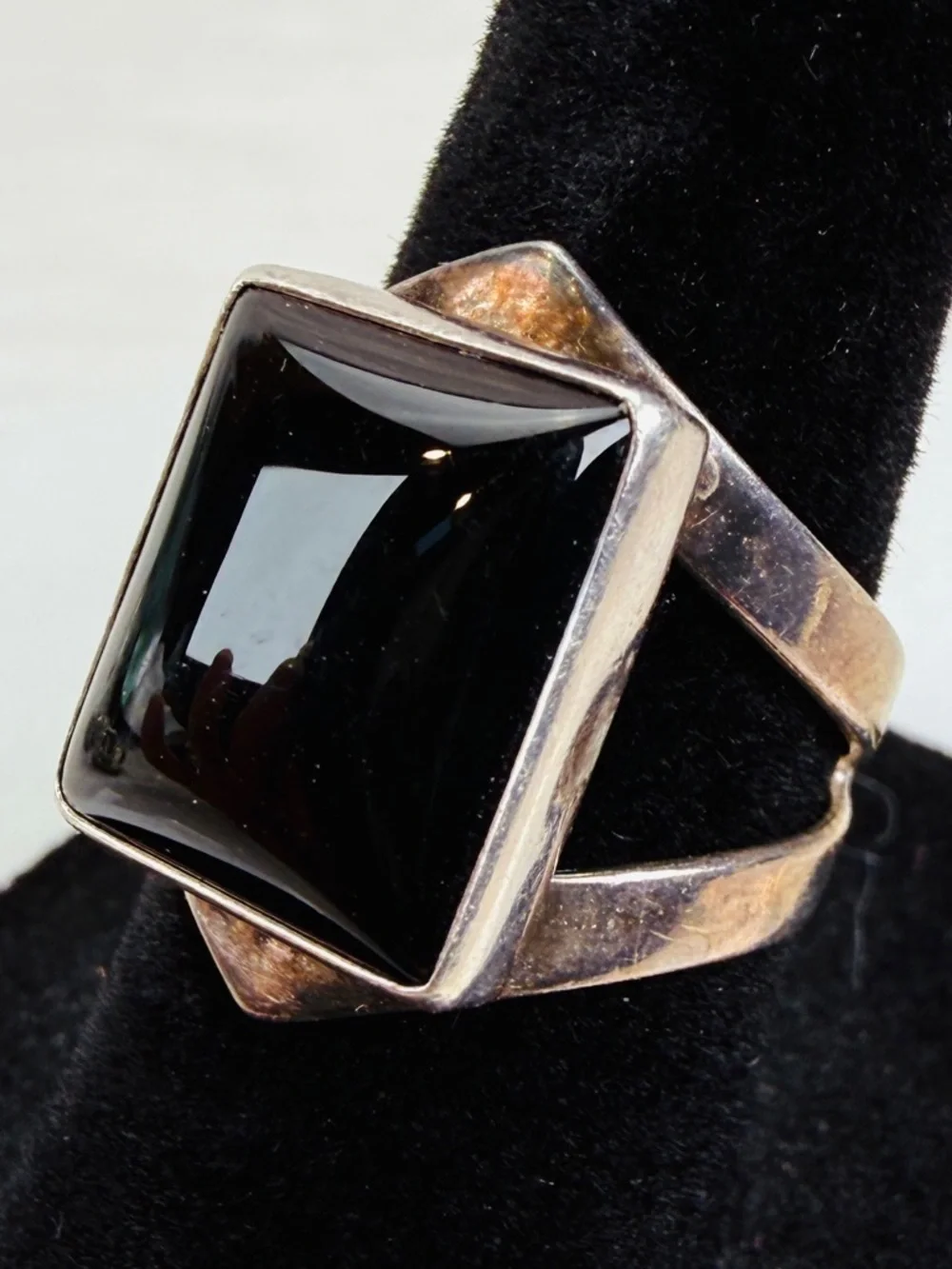 Vintage aged silver stamped OP 925 onyx size 5 3/4 ring